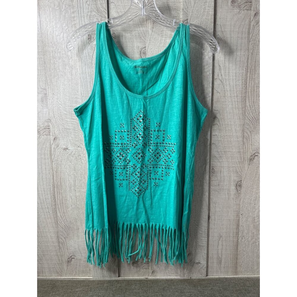 Bit & Bridle Womens  Sleeveless Fringe Tank Top Western Design Teal Green Size L